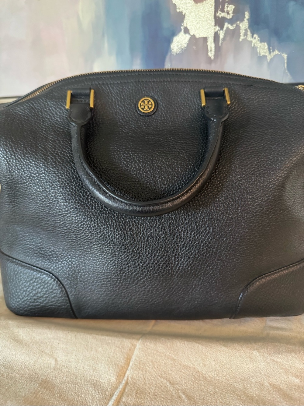 Tory Burch Black Pebbled Leather Dome Satchel with Gold Hardware